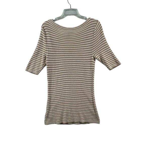 LAUREN RALPH LAUREN Womens Knit Top Large Tan White Striped Cotton Half Sleeve - Picture 5 of 8